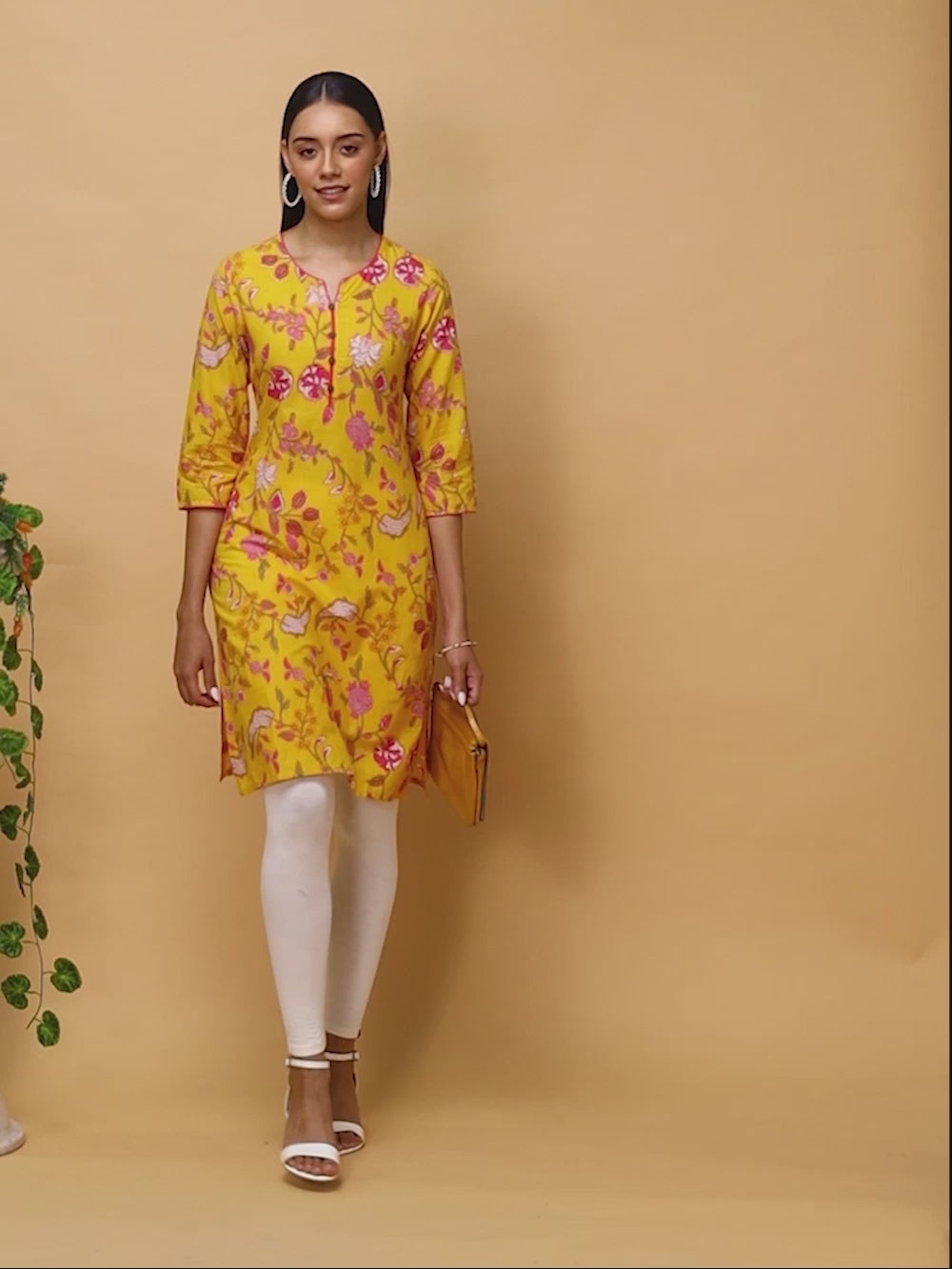 Buy 100% Cotton Floral Printed Knee Length Straight Kurta-Yellow