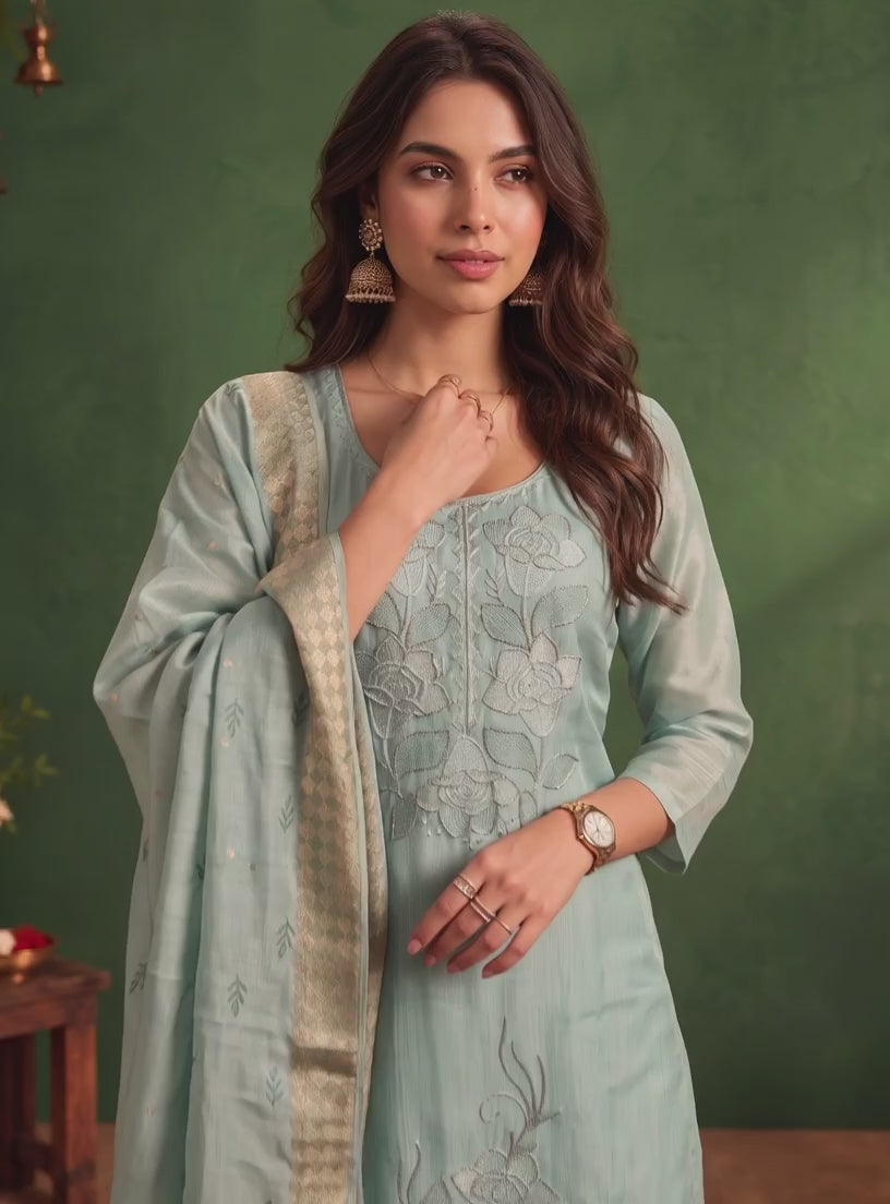 Viscose Embroidered Straight Calf Length Kurta With Pant and Dupatta