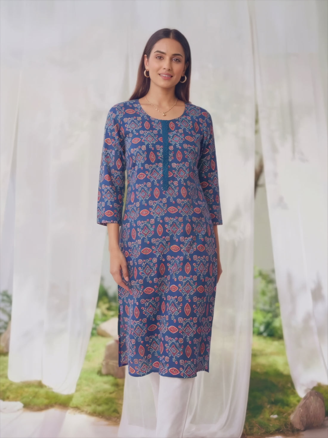 Buy Rayon Printed Straight Knee Length Kurta-Blue