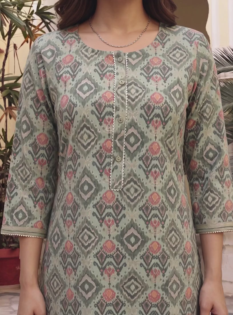 Buy Viscose Printed A-Line Calf Length Kurta With Pant-Green