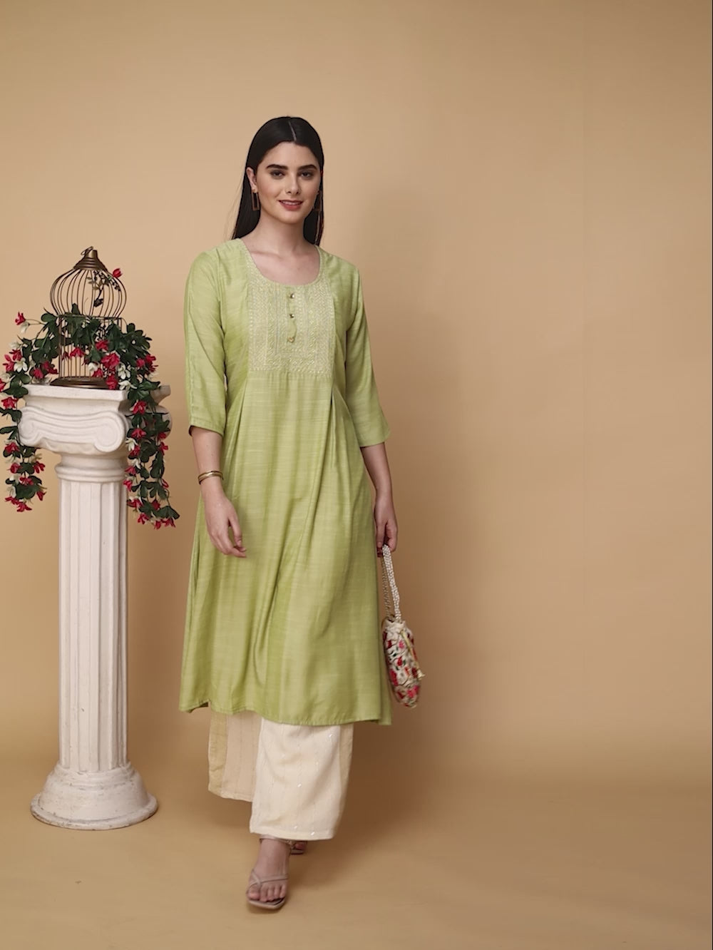 Buy Yoke Zari Embroidered Calf Length Flared Kurta-Mint Green