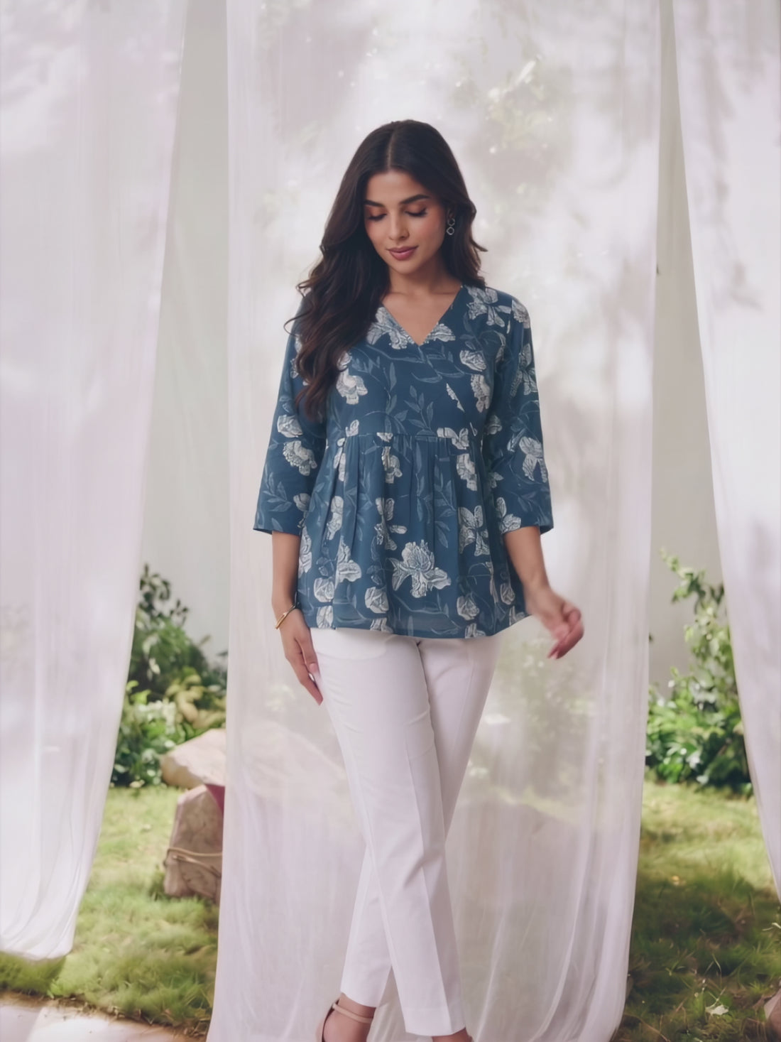 Buy Cotton Printed Peplum Short Length Short Kurta-Blue