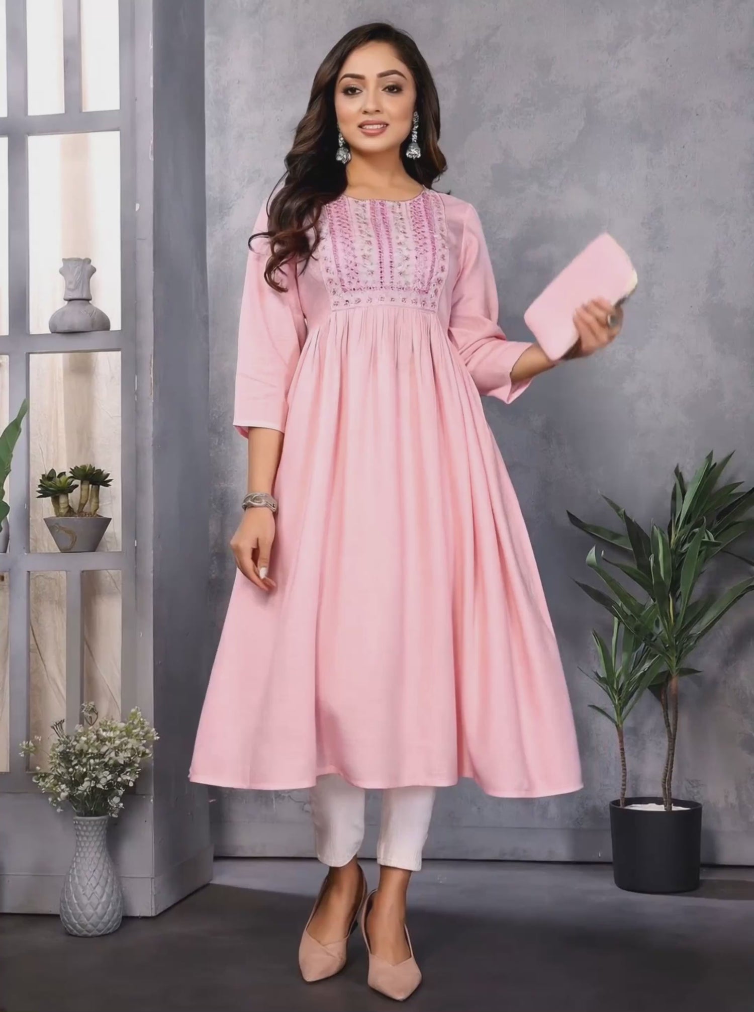 Buy Rayon Embroidered Flared Calf Length Kurta-Pink