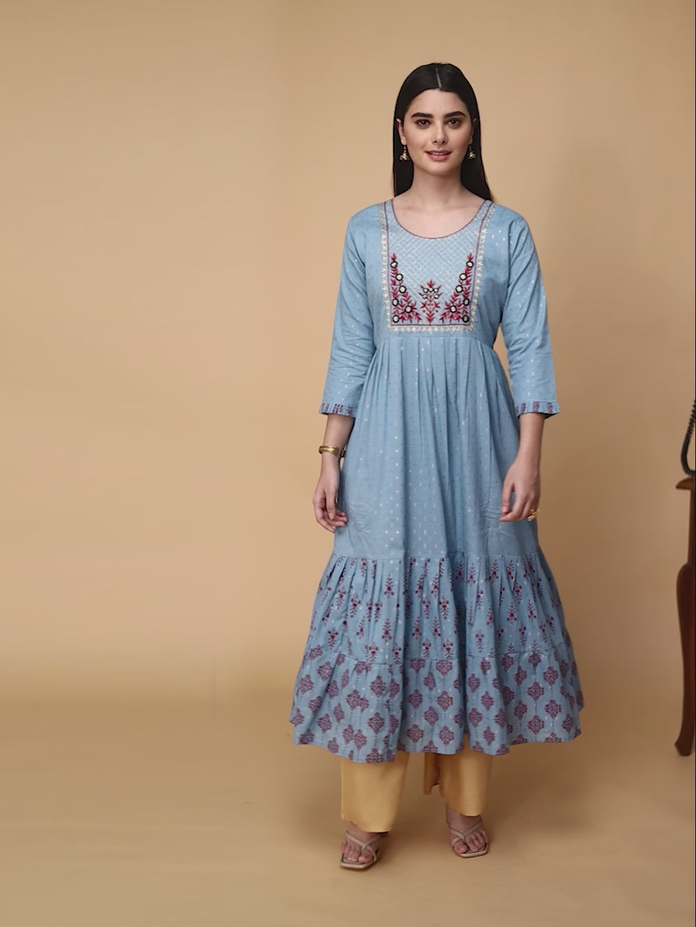 Buy 100% Cotton Yoke Embroidered Gold Textures Calf Length Anarkali Kurta-Light Blue