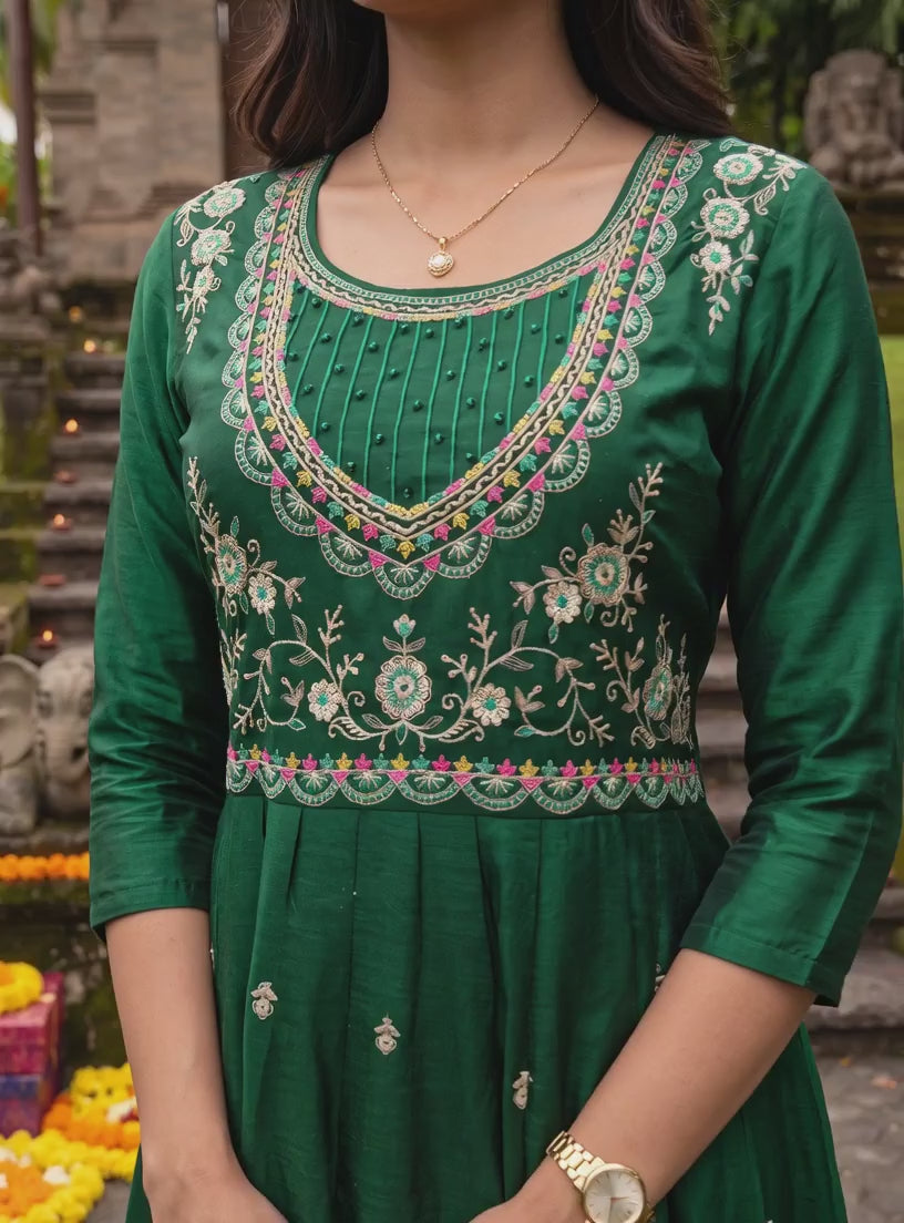 Buy Viscose Embroidered Flared Calf Length Kurta With Pant and Dupatta-Green