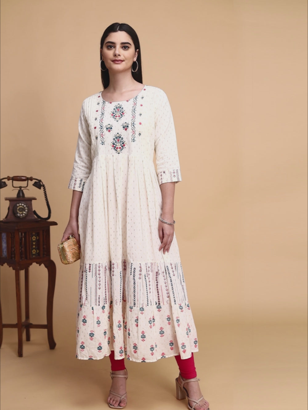 Buy 100% Cotton Yoke Embroidered Self Textured Calf Length Anarkali Kurta-Off White