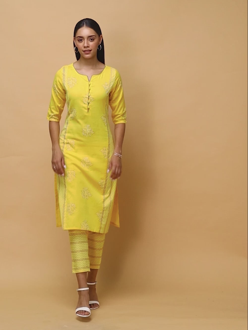 Buy Buta Printed Calf Length Straight Kurta With Pant-Yellow