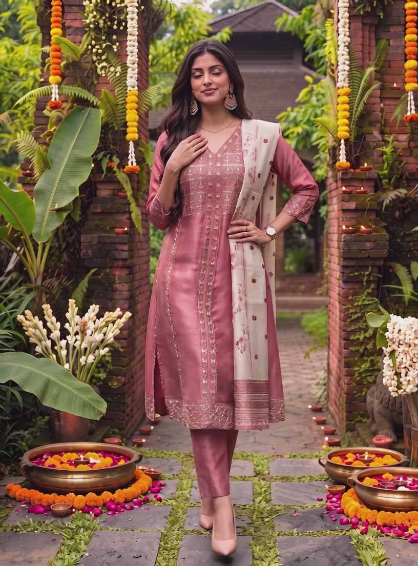 Buy Viscose Embroidered Flared Calf Length Kurta With Pant and Dupatta-Coral