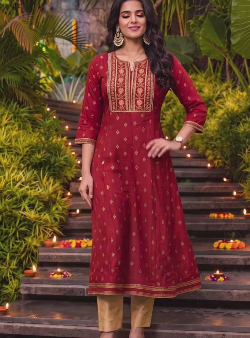 Rayon Embroidered Flared Calf Length Kurta
