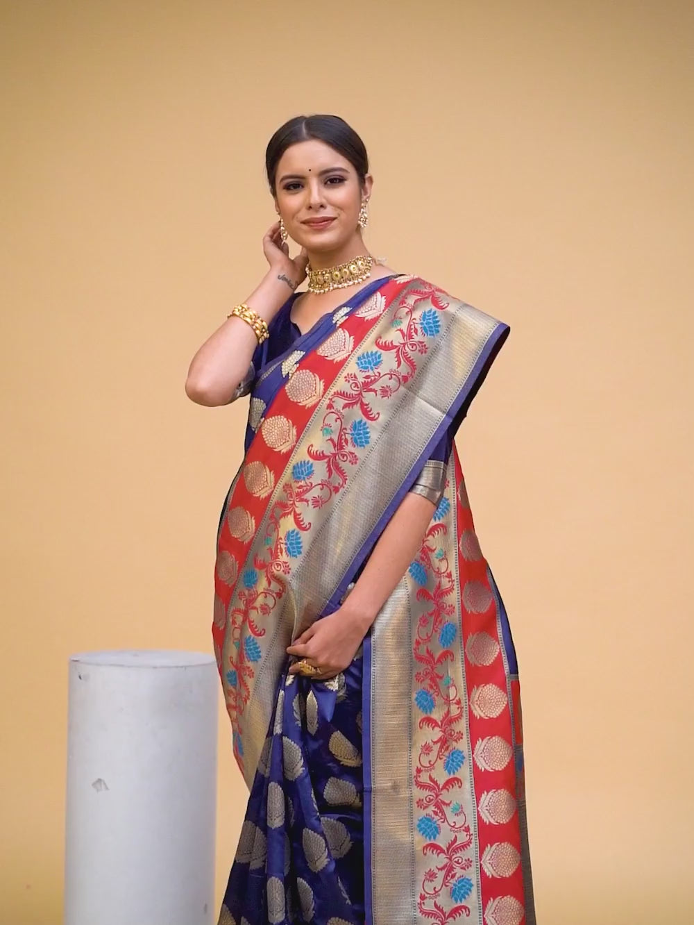 Buy Banarasi Silk Zari Work Saree With Blouse Piece-Navy Blue