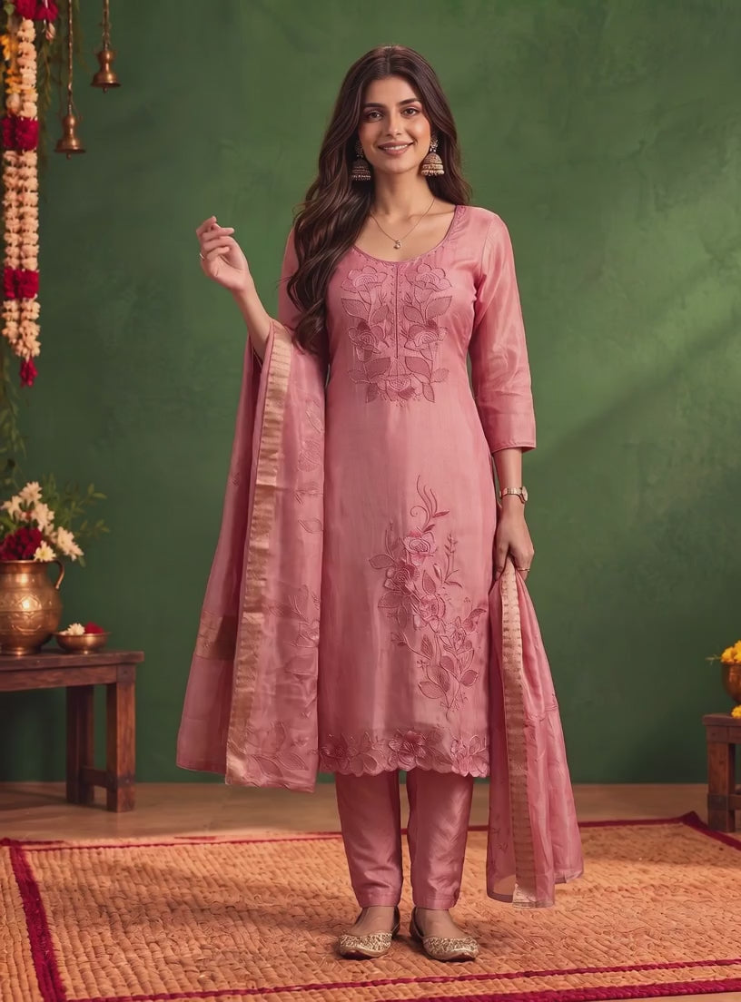 Buy Viscose Embroidered Straight Calf Length Kurta With Pant and Dupatta-Peach
