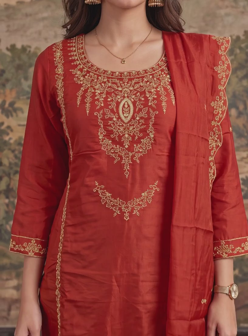 Buy Chanderi Embroidered Straight Calf Length Kurta With Pant and Dupatta-Rust