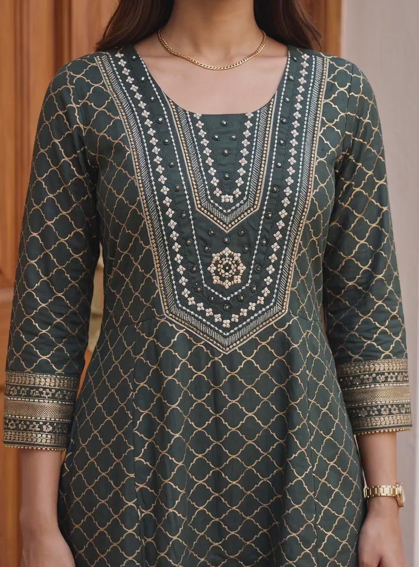 Buy Viscose Embroidered Flared Calf Length Kurta-Dark Green