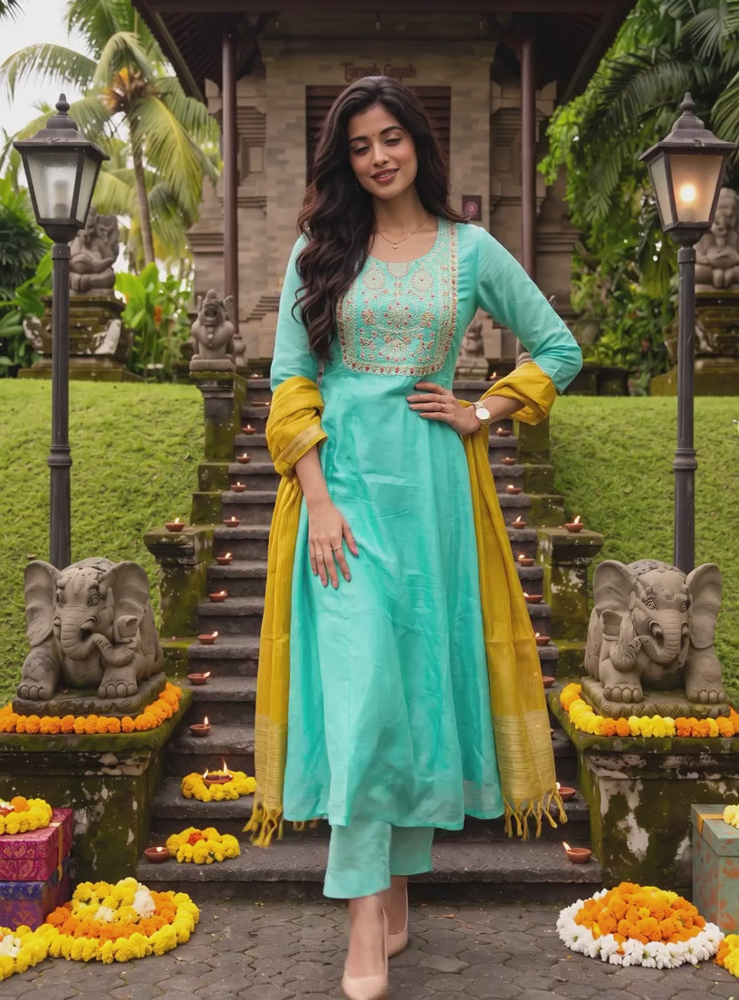 Buy Chanderi Embroidered Flared Calf Length Kurta With Pant and Dupatta-Green