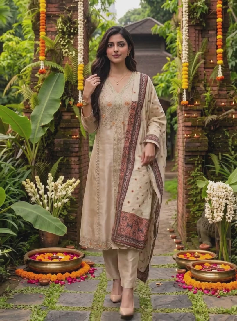 Buy Viscose Embroidered Flared Calf Length Kurta With Pant and Dupatta-Cream