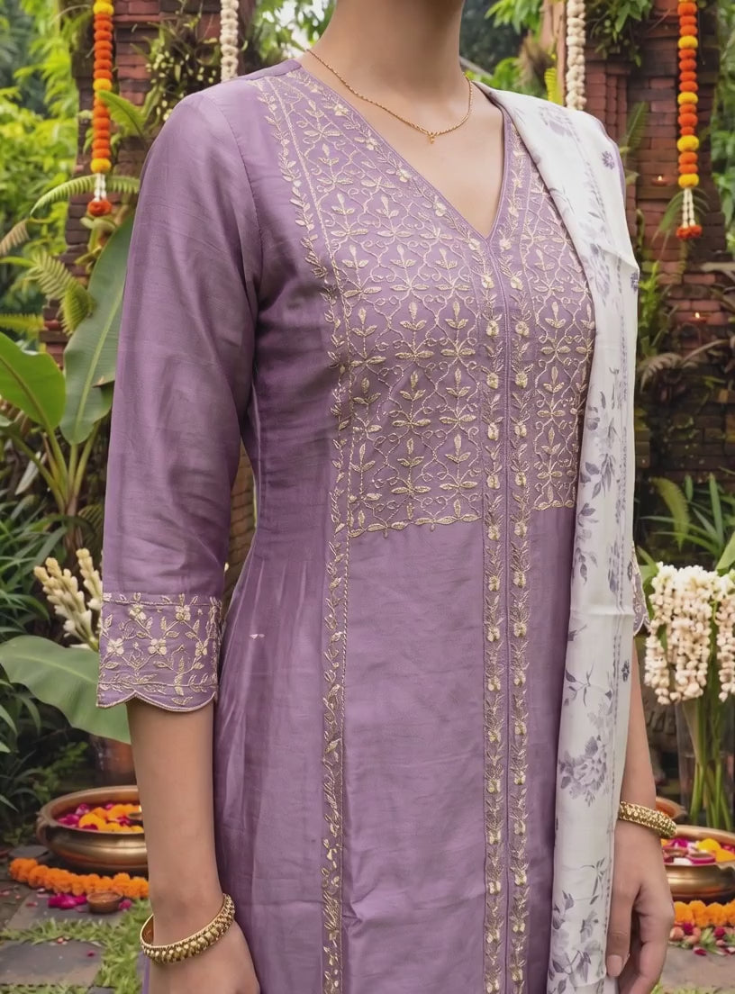 Buy Viscose Embroidered Flared Calf Length Kurta With Pant and Dupatta-Lavender