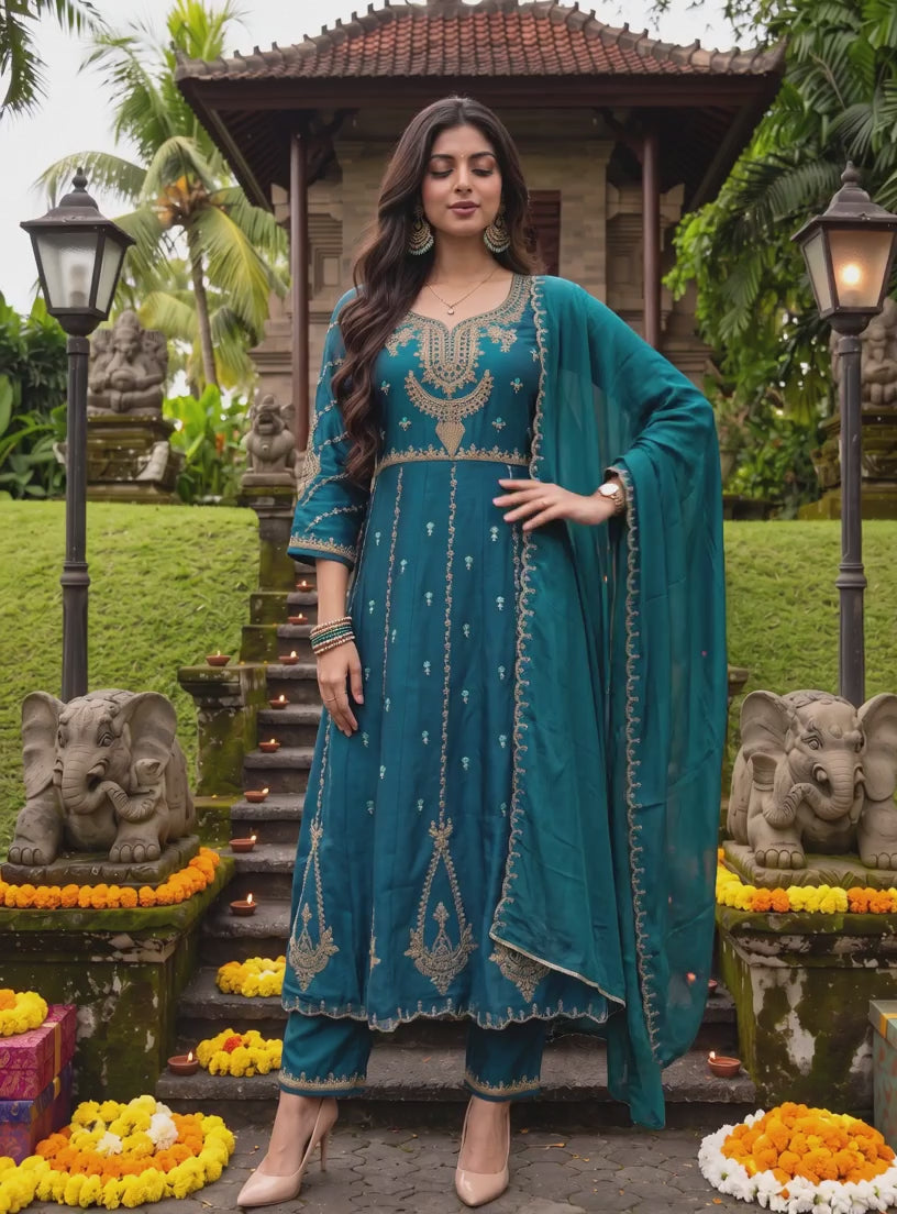 Buy Viscose Embroidered Flared Calf Length Kurta With Pant and Dupatta-Teal