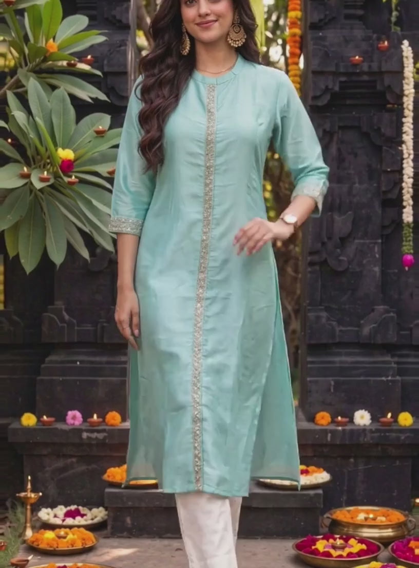 Buy Viscose Embroidered A-Line Calf Length Kurta-Blue