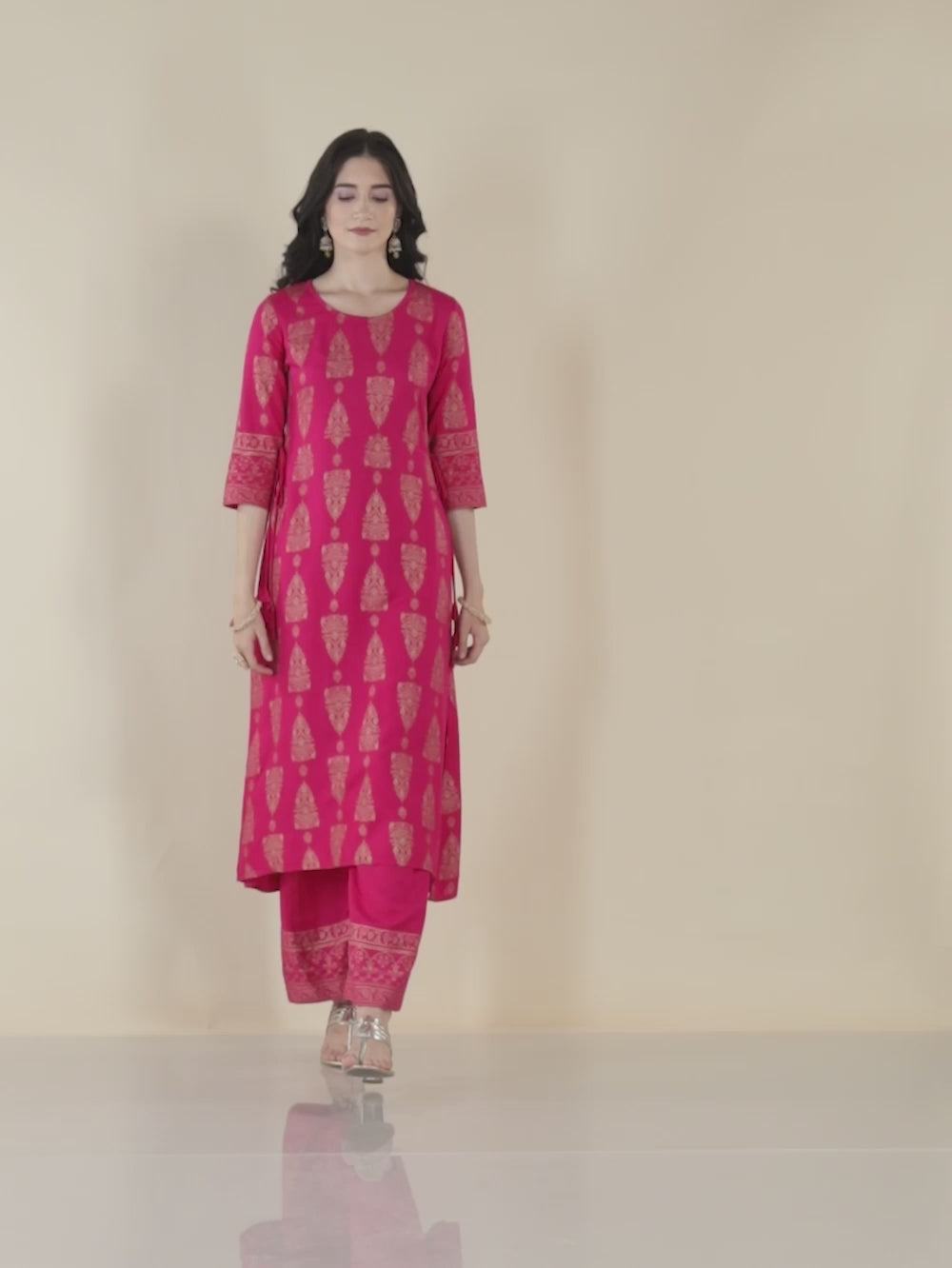 Buy Rayon Gold Printed Calf Length A-line Kurta With Palazzo-Pink