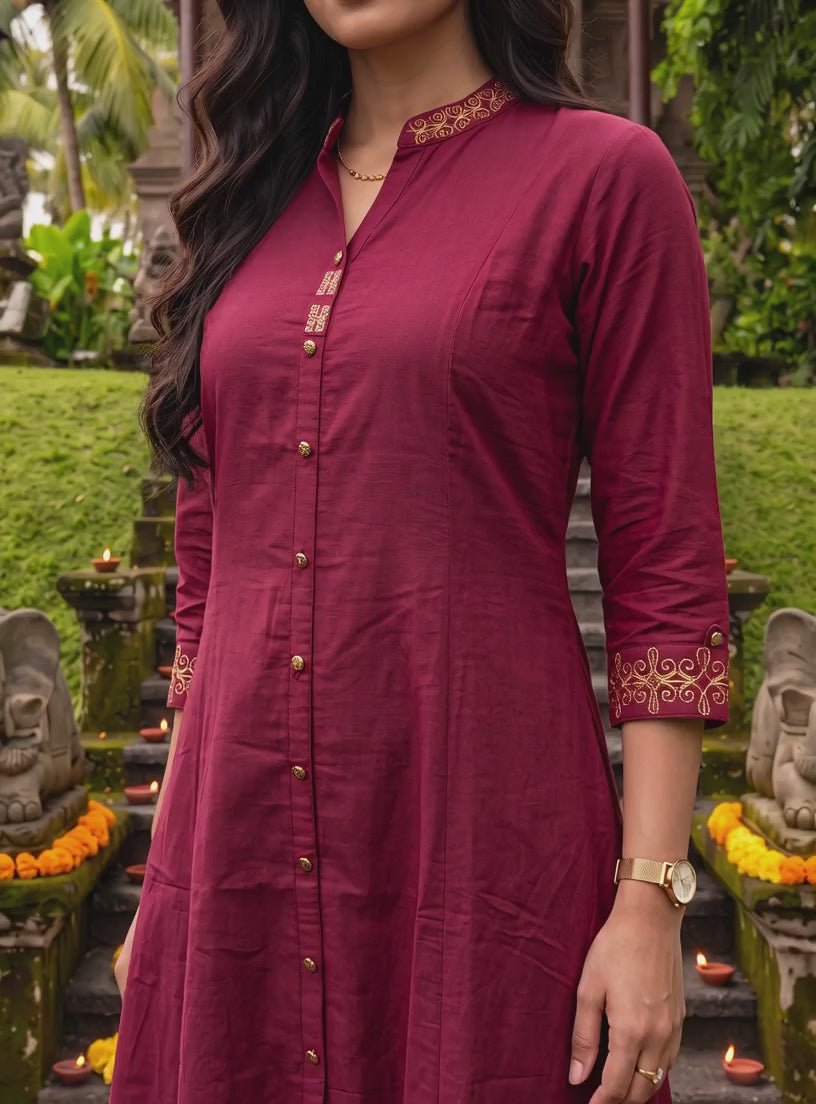 Buy Viscose Embroidered Flared Calf Length Kurta-Maroon
