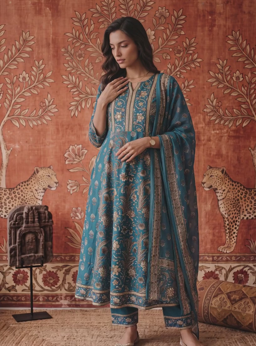 Cotton Printed Flared Calf Length Kurta With Pant and Dupatta