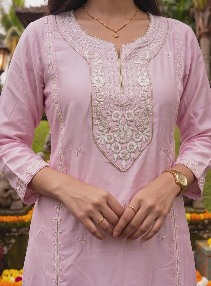 Buy Viscose Embroidered Flared Calf Length Kurta-Pink
