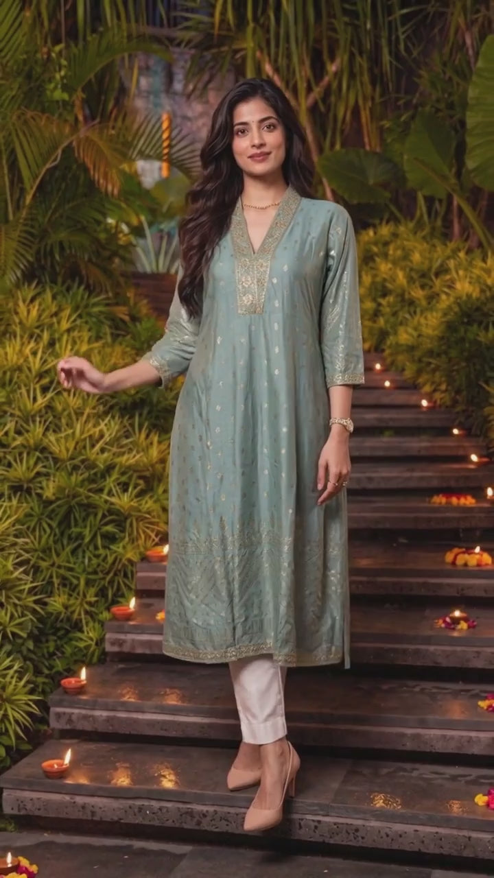 Buy Viscose Embroidered Flared Calf Length Kurta-Blue