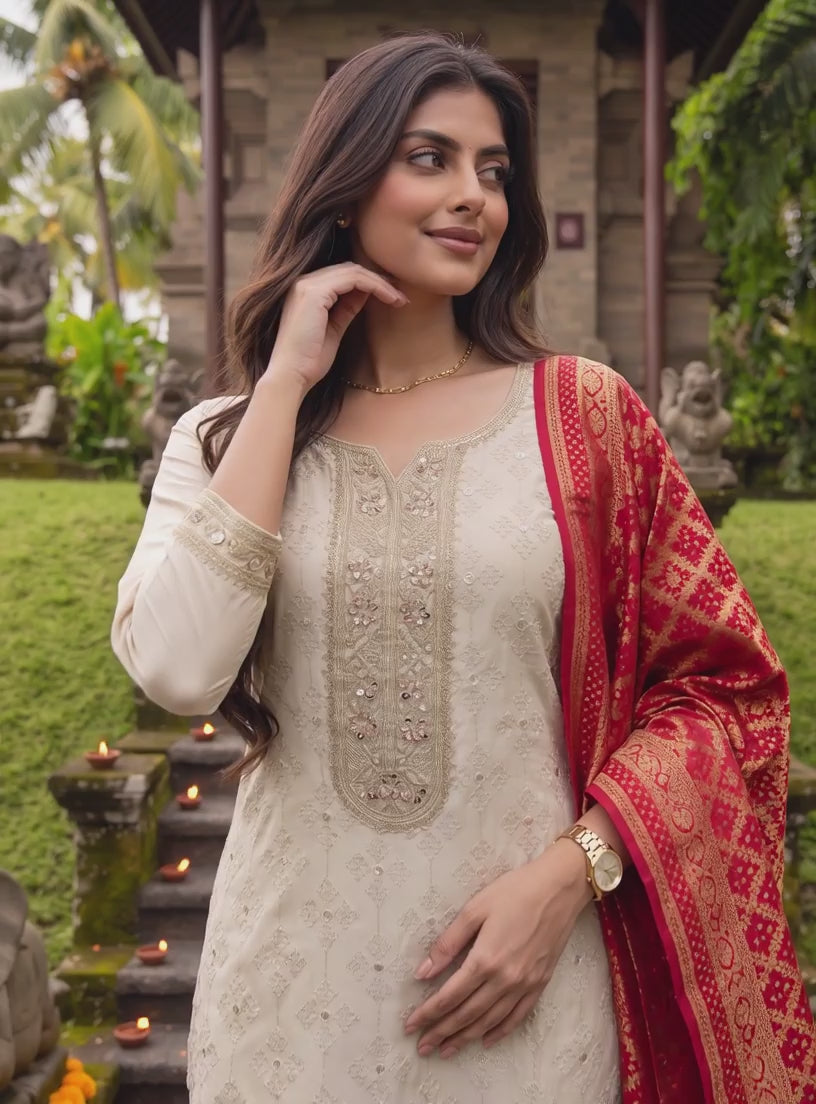 Buy Rayon Embroidered Straight Calf Length Kurta With Pant and Dupatta-Beige