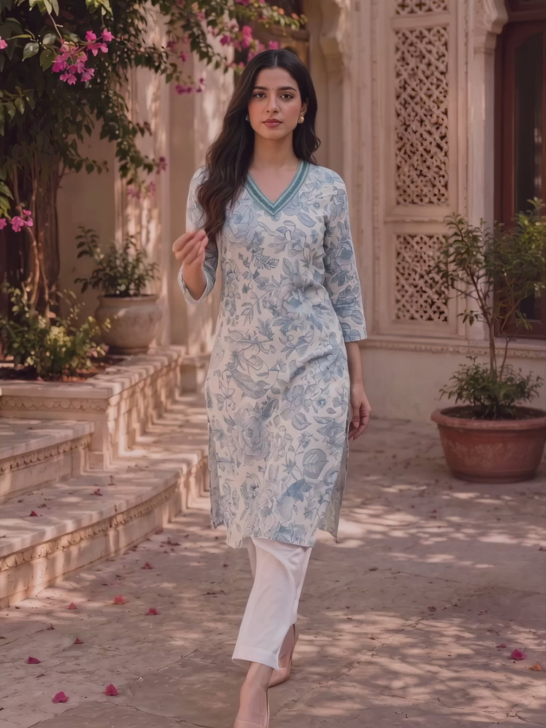 Buy Rayon Printed Straight Knee Length Kurta-Blue