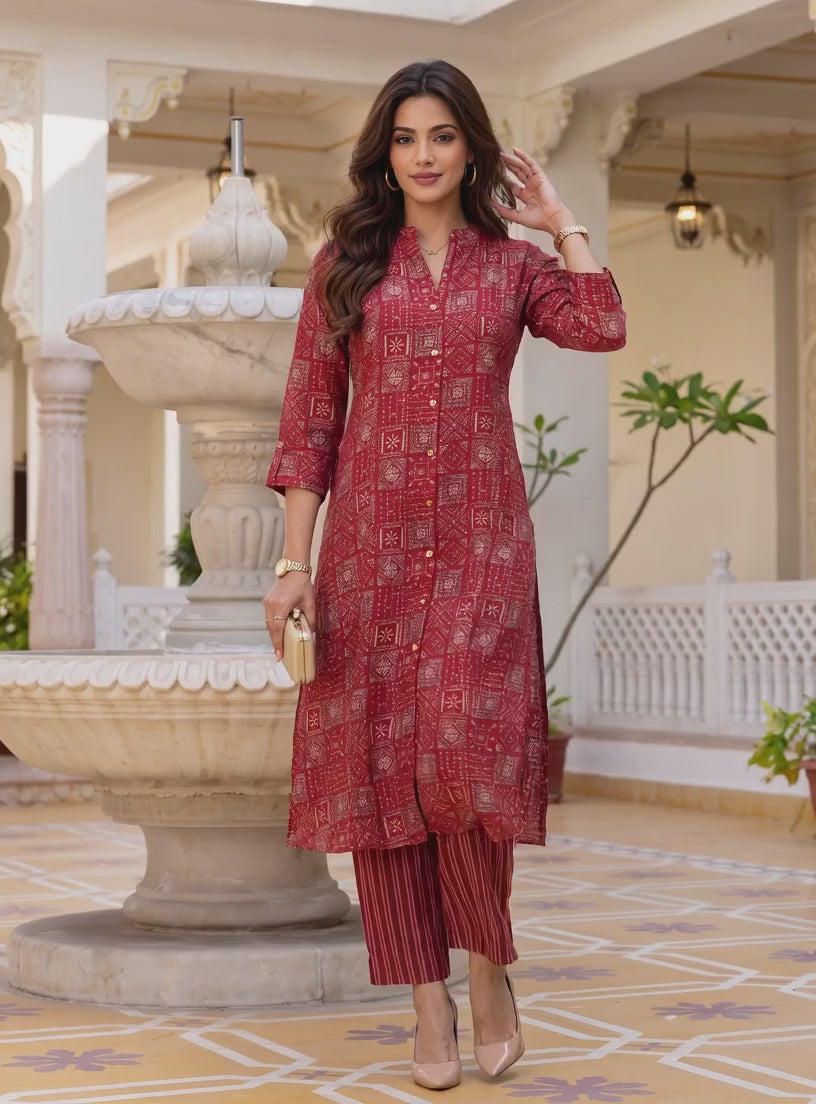 Buy Viscose Printed A-Line Calf Length Kurta With Pant-Red