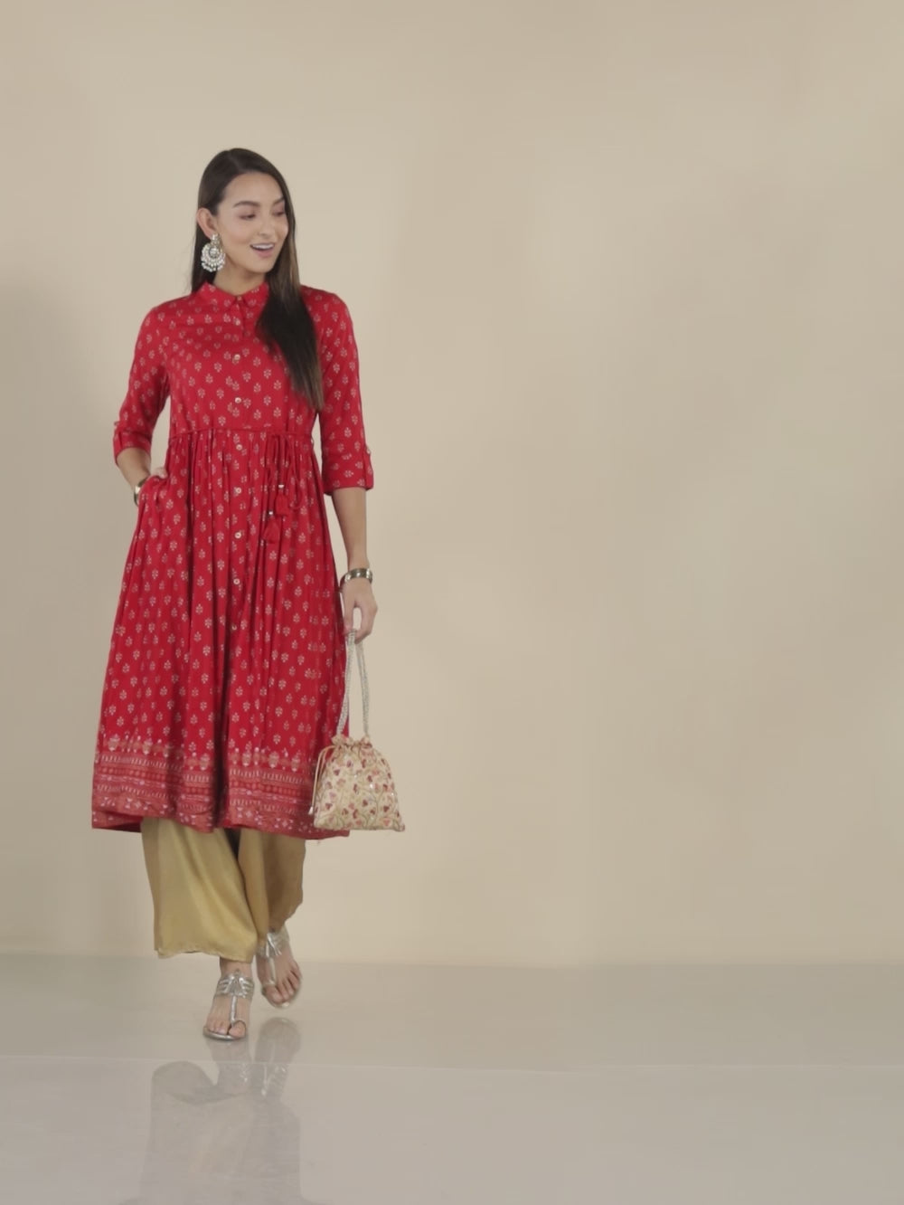 Buy Rayon All Over Ethnic Printed Calf Length Flared Kurta With Dori Tie Up-Red