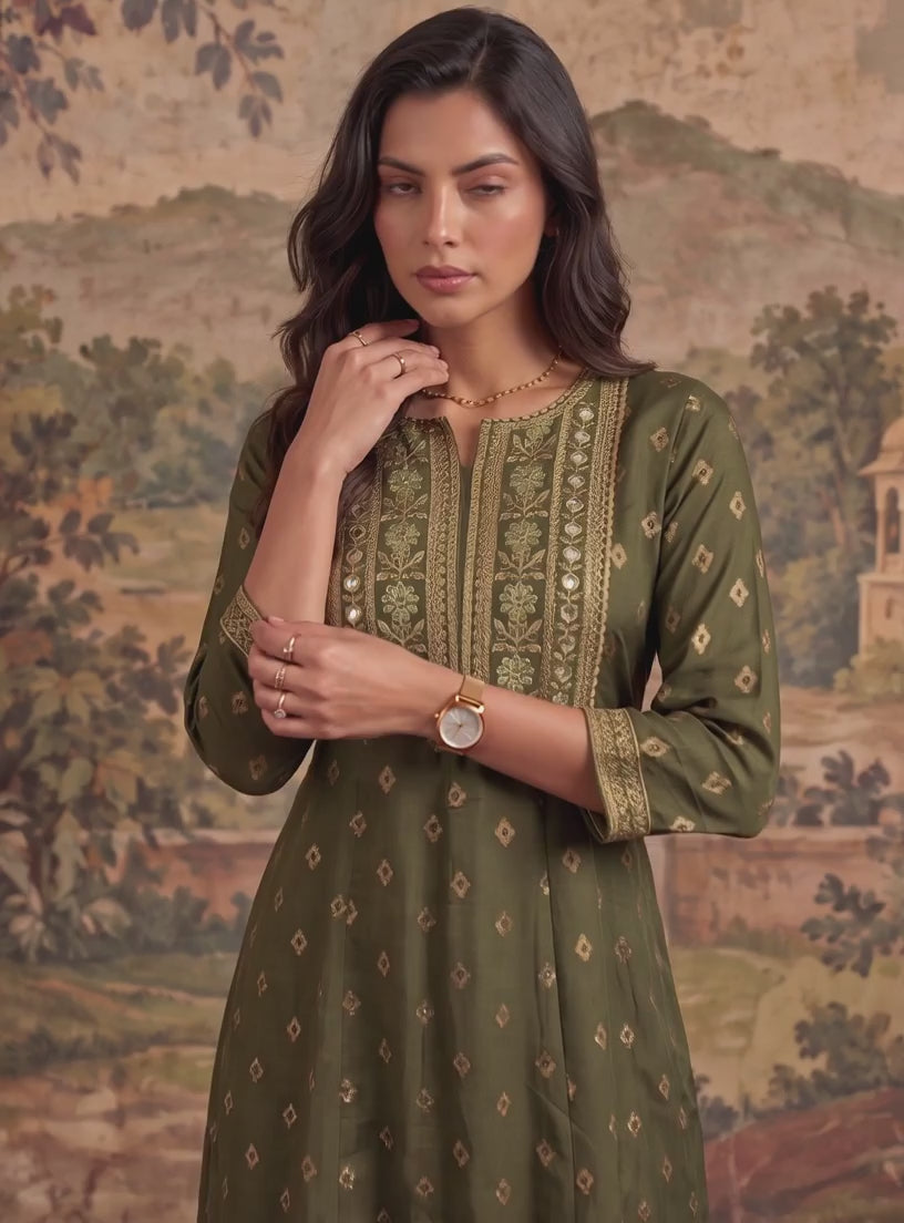 Buy Rayon Embroidered Flared Calf Length Kurta-Green