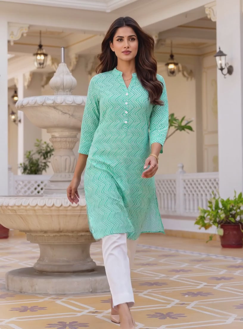 Buy Cotton Printed Straight Knee Length Kurta-Turquoise