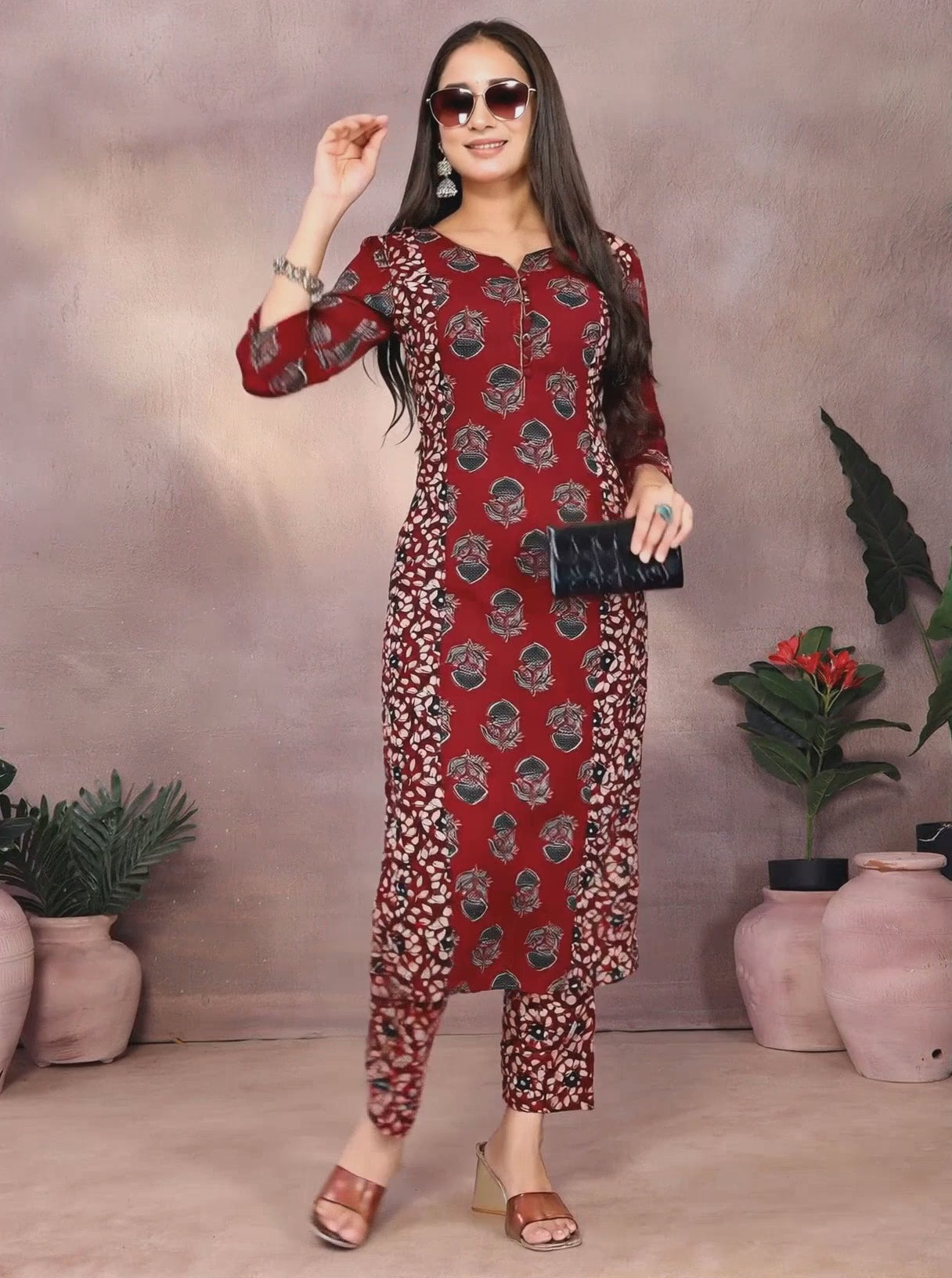 Buy Rayon Printed Straight Calf Length Kurta with Pant-Maroon