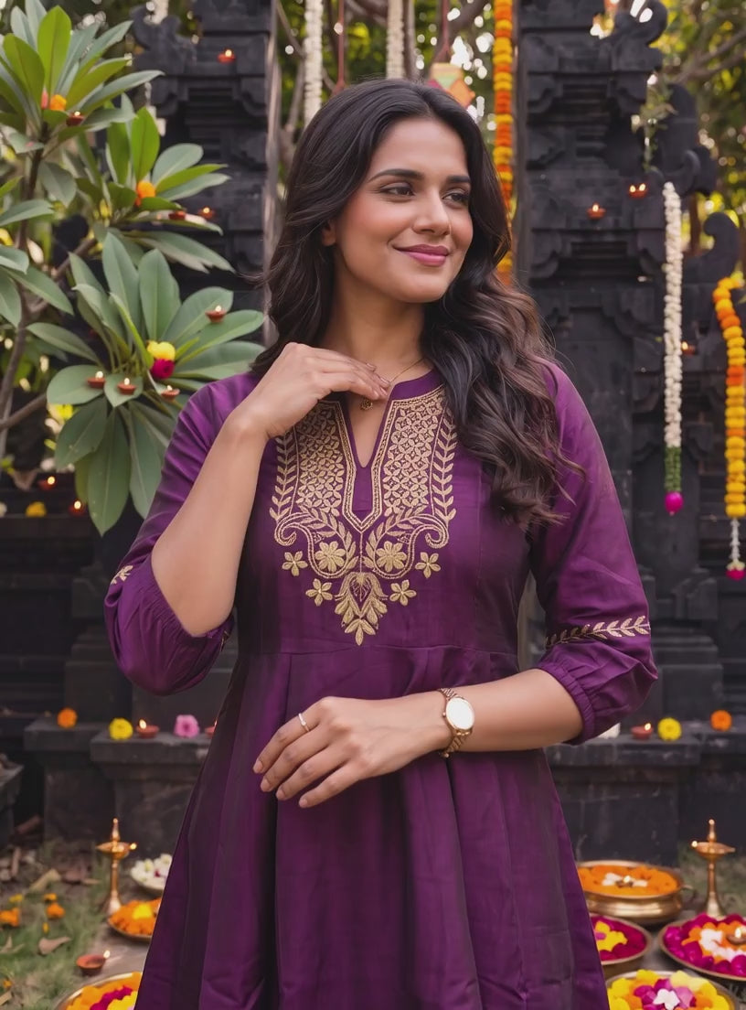 Buy Viscose Embroidered Peplum Calf Length Kurta With Pant and Dupatta-Wine