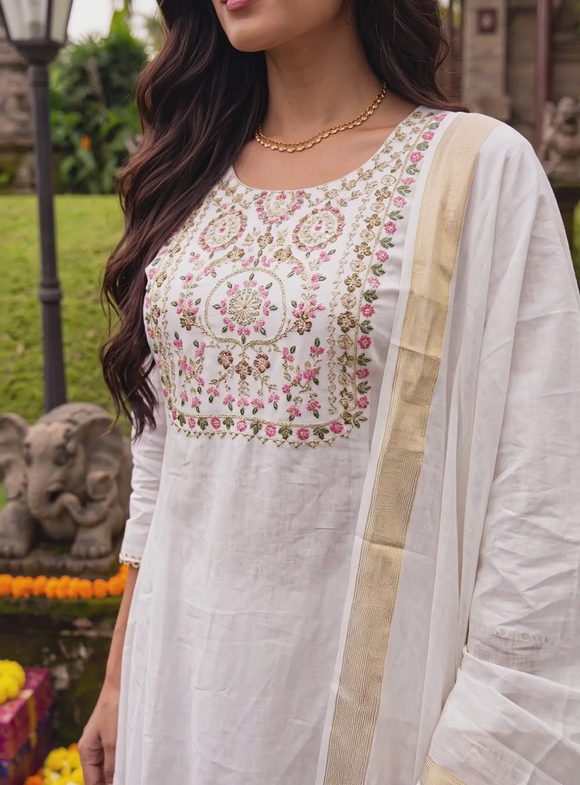 Buy Chanderi Embroidered Flared Calf Length Kurta With Pant and Dupatta-White