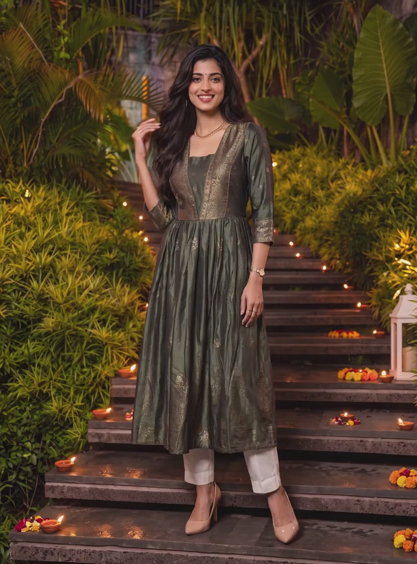 Buy Viscose Printed Flared Calf Length Kurta-Green