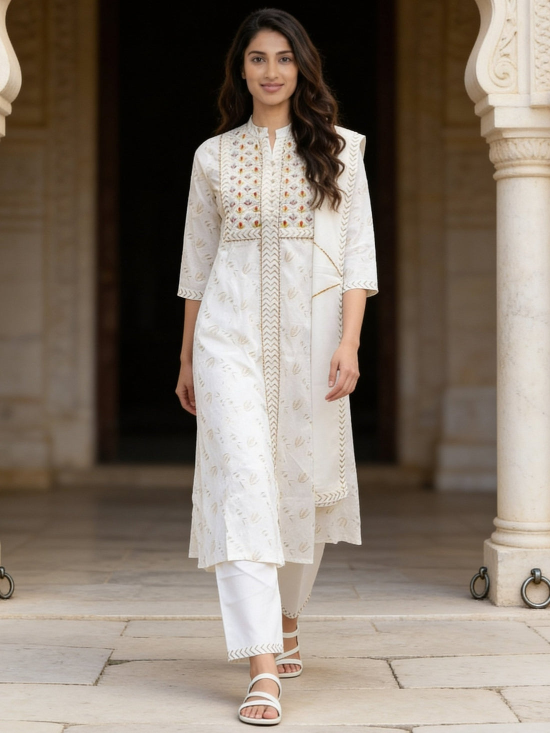 Buy Cotton Embroidered Straight Calf Length Kurta With Pant and Dupatta-Off White