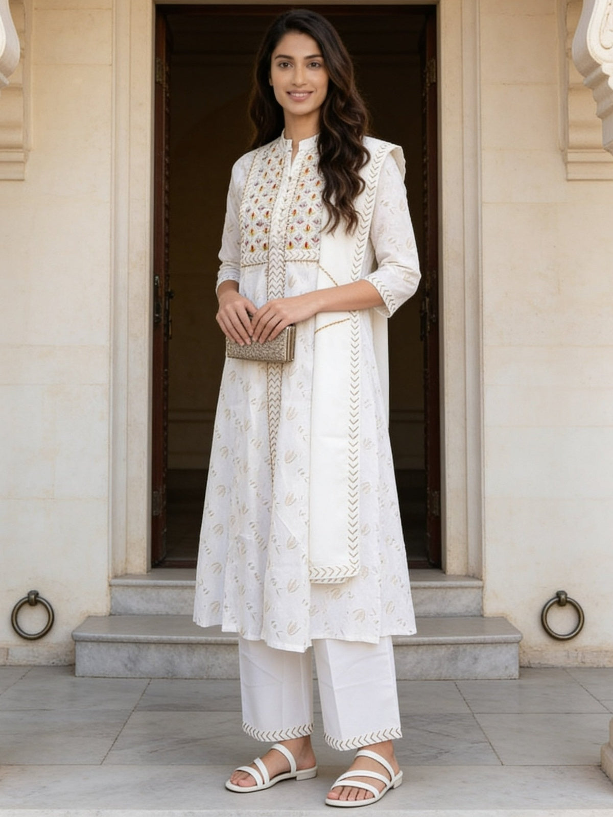 Cotton Embroidered Straight Calf Length Kurta With Pant and Dupatta