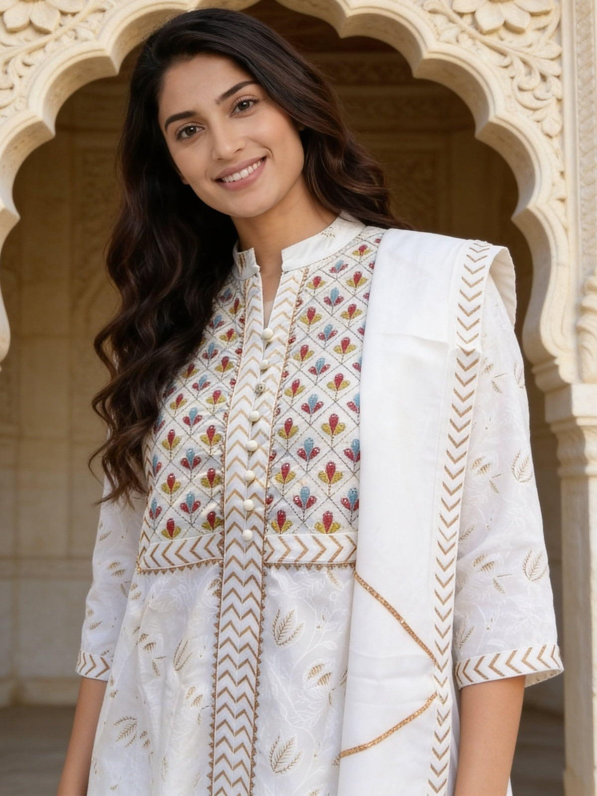 Cotton Embroidered Straight Calf Length Kurta With Pant and Dupatta