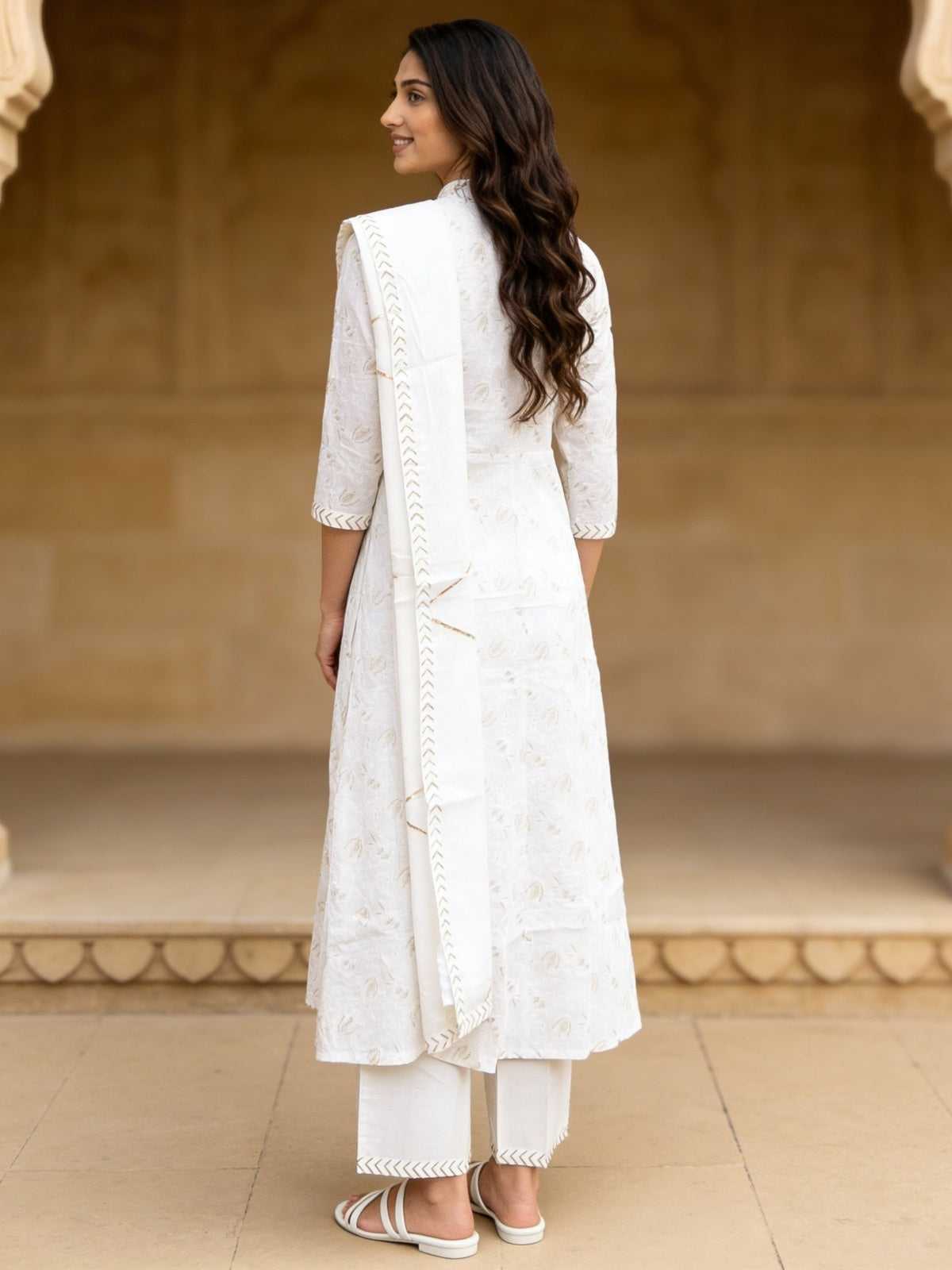 Buy Cotton Embroidered Straight Calf Length Kurta With Pant and Dupatta-Off White