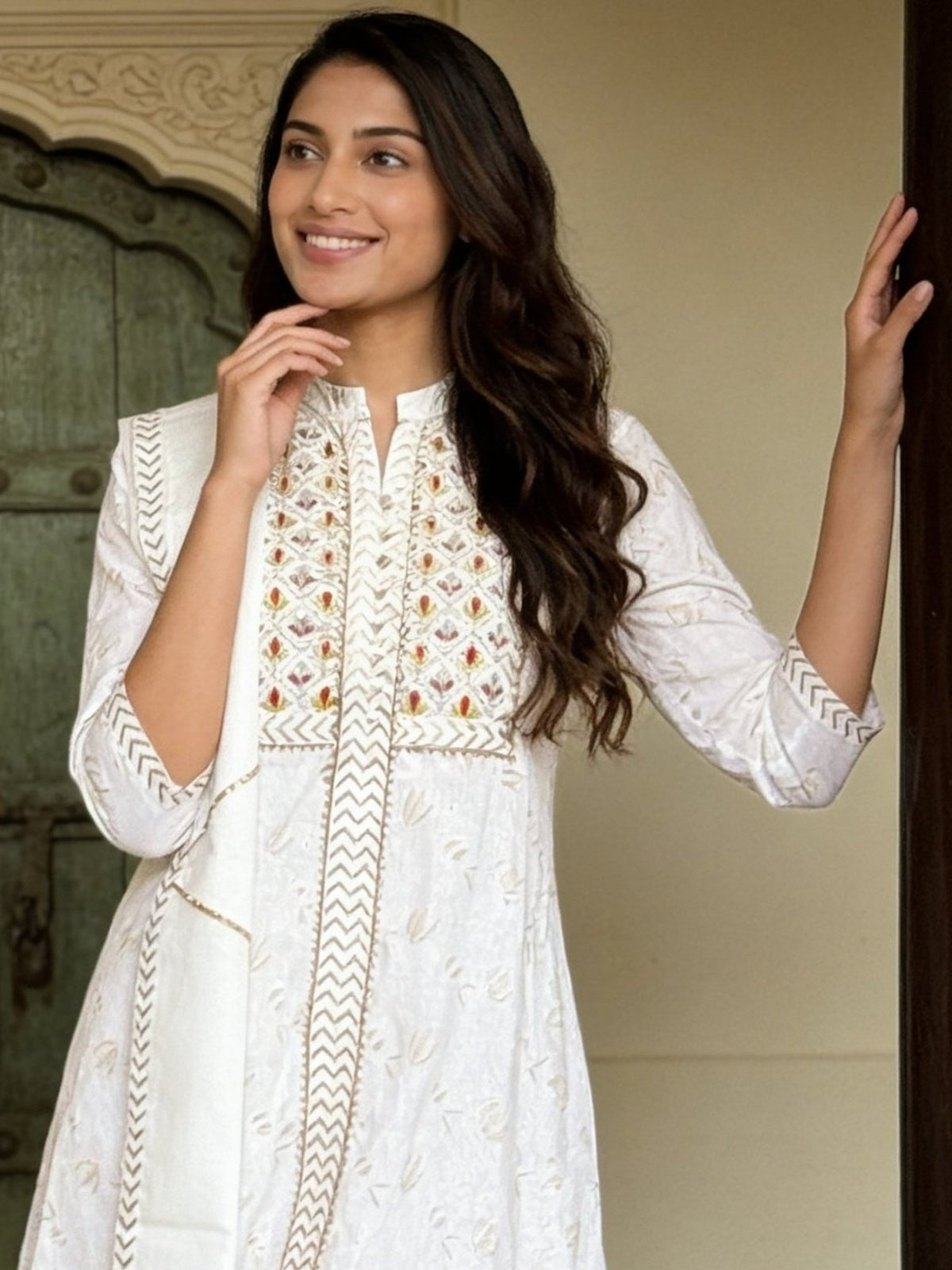 Cotton Embroidered Straight Calf Length Kurta With Pant and Dupatta
